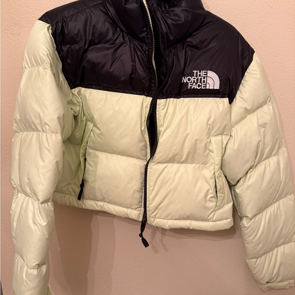 The North Face Women's Black and Light Green Puffer Cropped Jacket